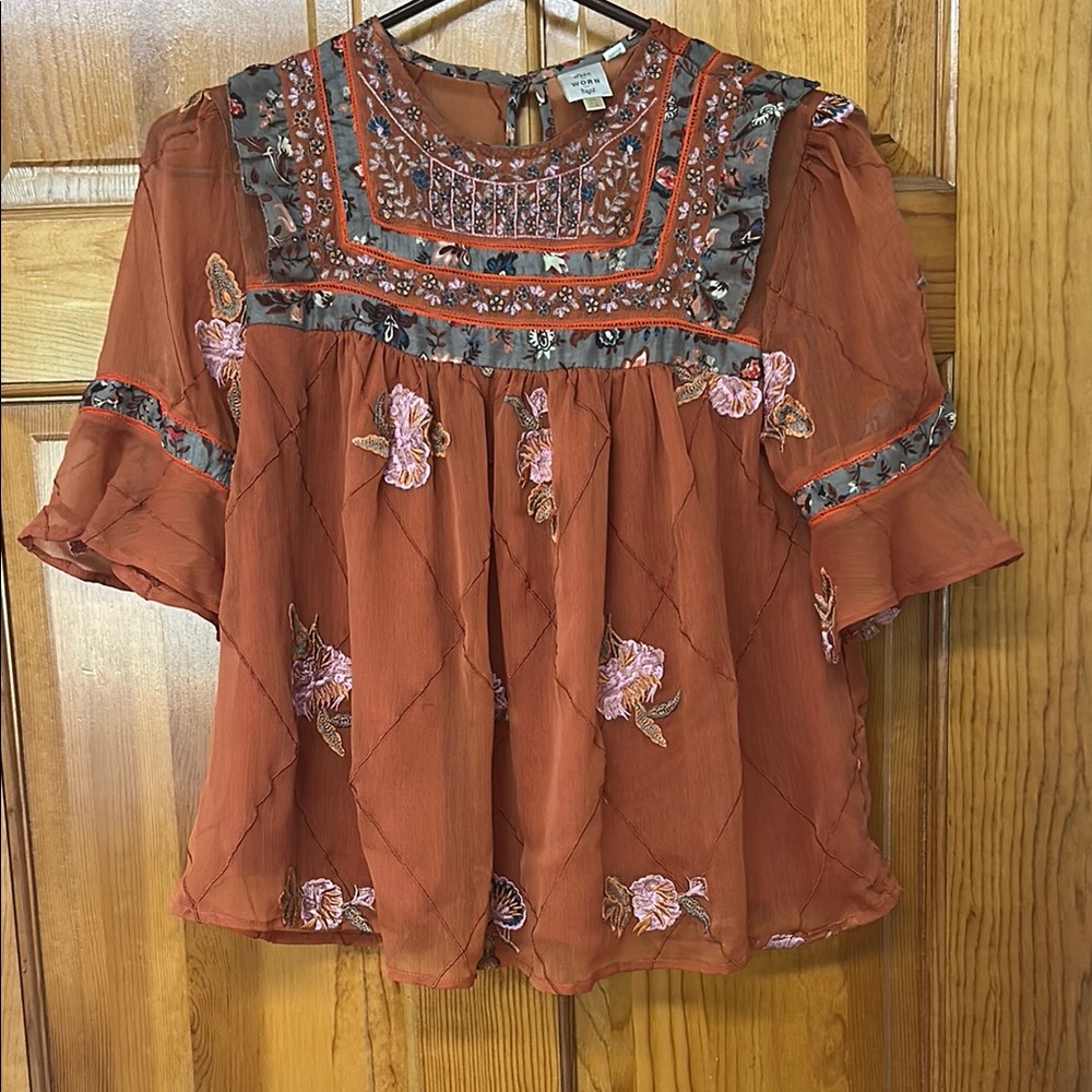 Anthro SEEN WORN KEPT Embellished Flutter Sleeve Blouse Sz US 4